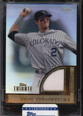 TROY TULOWITZKI TOPPS TRIBUTE SEALED GAME USED WORN JERSEY #85/99 AB5319