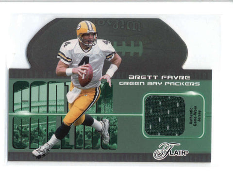 BRETT FAVRE 2003 FLEER FLAIR CANTON CALLING GAME USED WORN JERSEY DIE-CUT AB9232