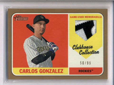 CARLOS GONZALEZ 2018 TOPPS HERITAGE CLUBHOUSE COLLECTION PATCH #50/99 AC2239