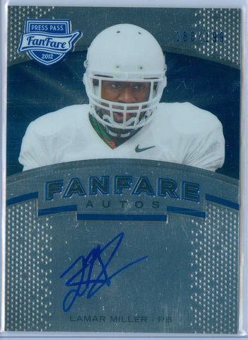 LAMAR MILLER 2012 PRESS PASS FANFARE BLUE RC ROOKIE AUTO AUTOGRAPH SP/199