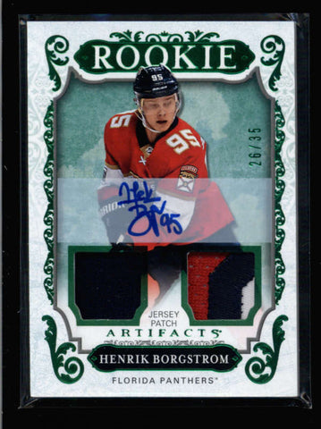 HENRIK BORGSTROM 2018/19 ARTIFACTS EMERALD ROOKIE DUAL PATCH AUTO #26/35 AC2622