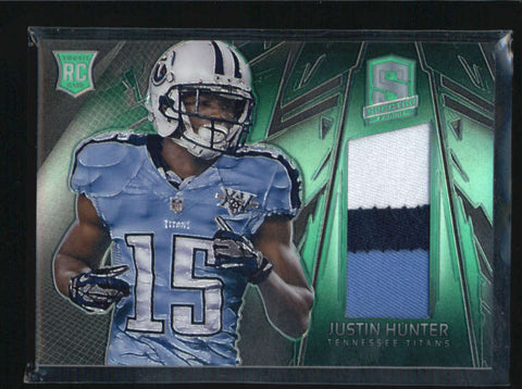 JUSTIN HUNTER 2013 SPECTRA RARE GREEN ROOKIE 3-CLR PATCH ROOKIE #2/5 AB6946